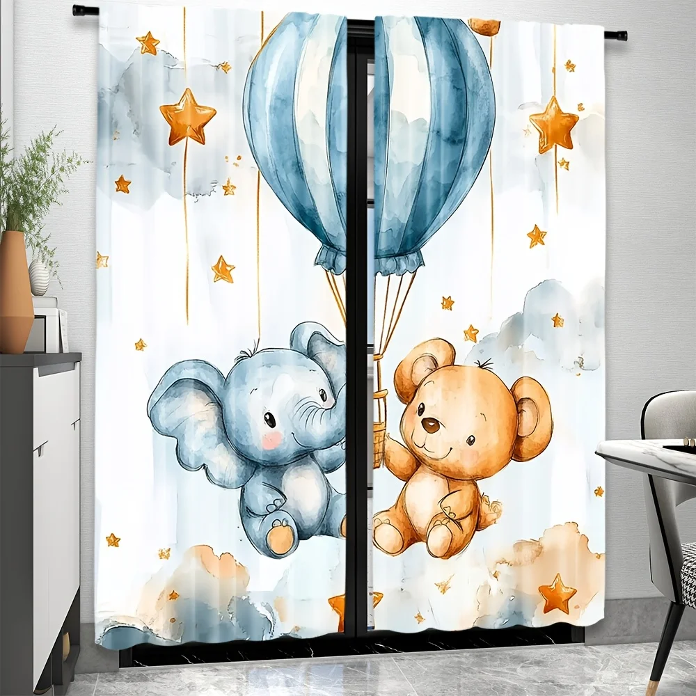 Cute Elephant and Bear Balloon Curtains for Kids Room Nursery Decor Baby Boy Girl Bedroom Window Treatment Cartoon Animal Print