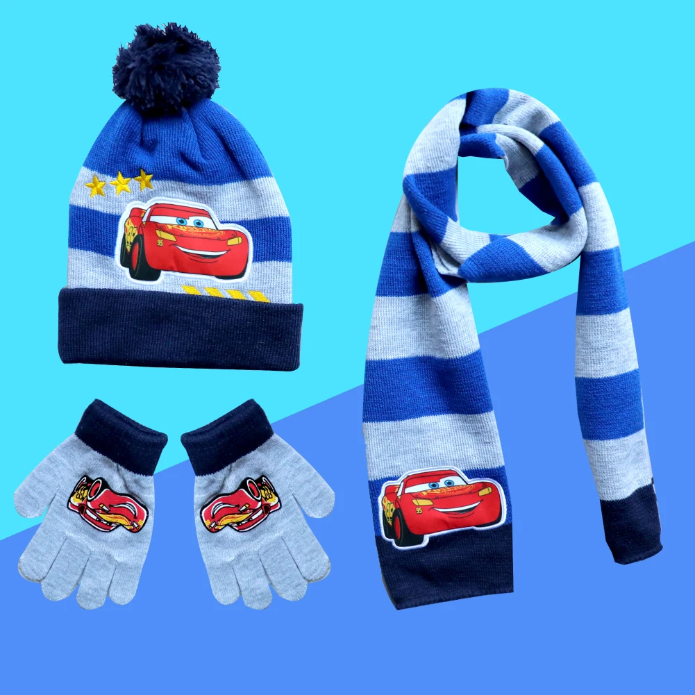 4-8 Years New Autumn Winter Children Hat Blue Car Cartoon Scarf Hat Glove Warm Knitted Hat Boy Girl Cap Child Christmas Hat