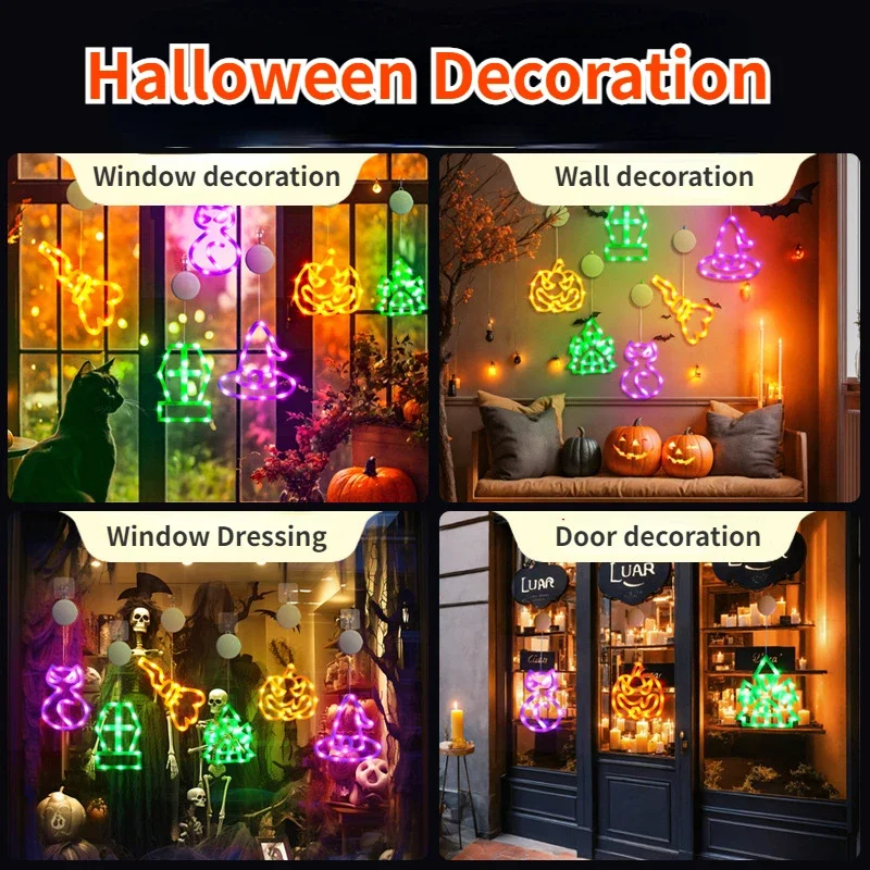 Halloween Window Decor Lights Pumpkin Spider Ghost Bat LED Color Light with Suction Cup for Home Decor Halloween Party Decor