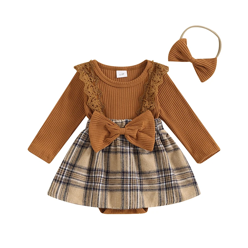 

Baby Girl 2Pcs Fall Outfits Long Sleeve Plaid Print Romper Dress with Headband Set Infant Clothes