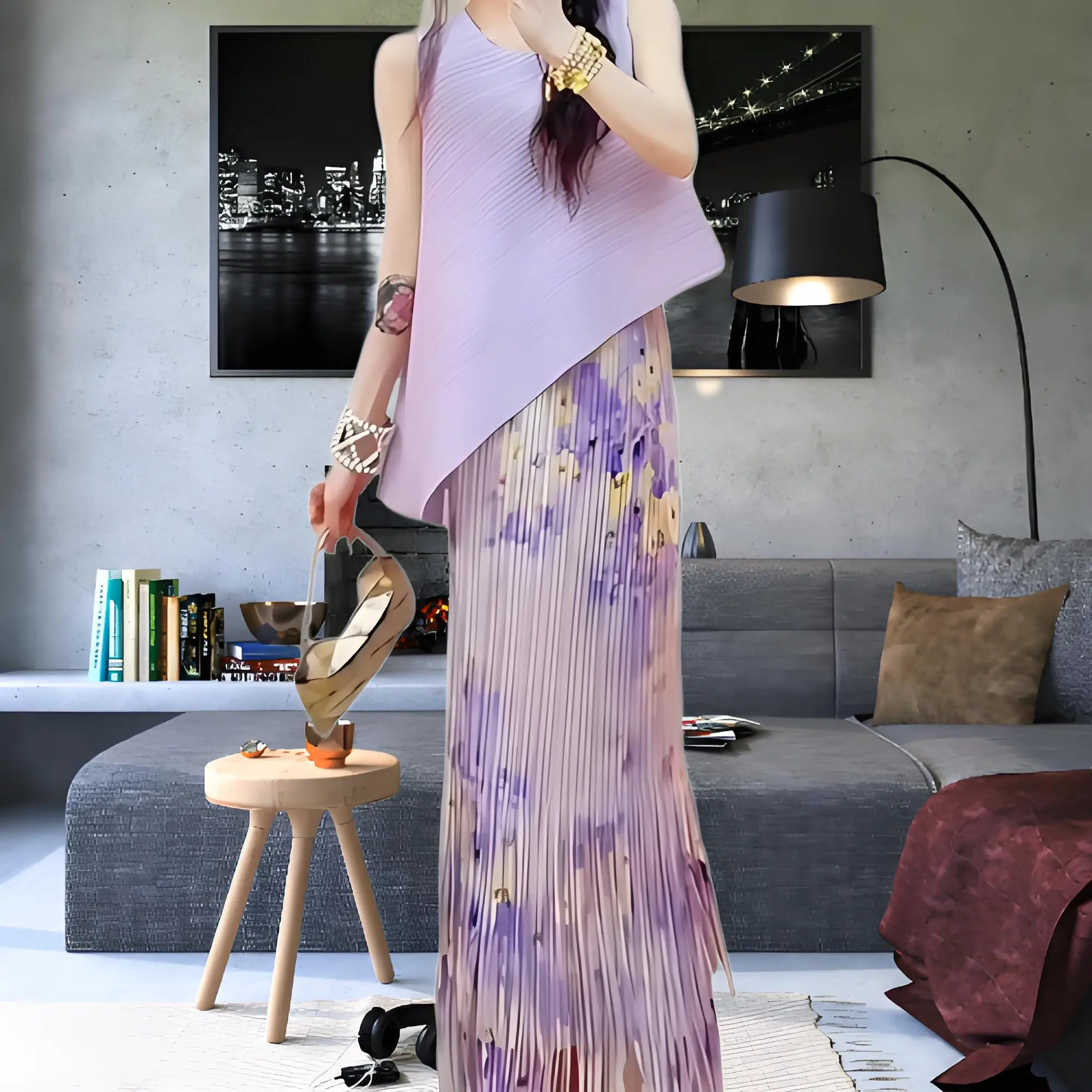 

Miyake 2025 Summer New Fashion Simple Plisse Solid Color Top Pleated High Waist Fashion Thin Pleated Fringed Skirt Suit Women