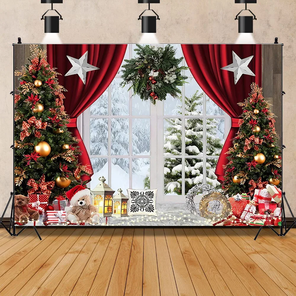 NITREE Christmas Tree Flower Wreath Wooden Gift Photography Backdrop Window Snowman Cinema New Year Background Prop GH-79