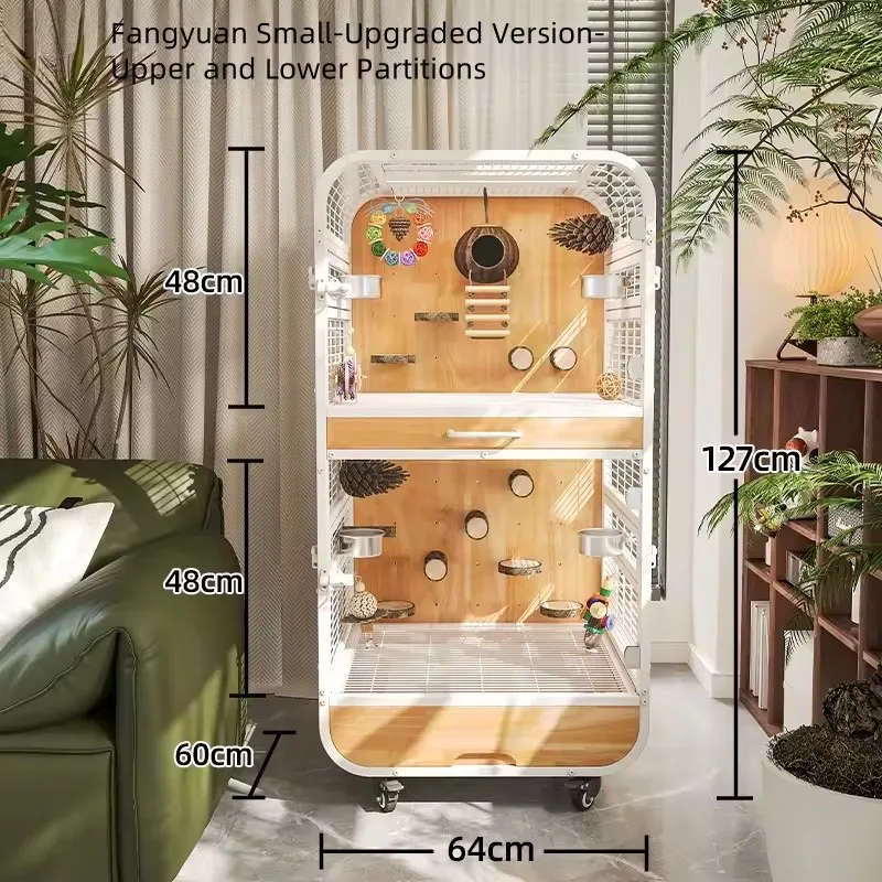 Large Luxury Modern Bird Cage Clear Viewing Glass Space-Saving Iron Wood Construction Easy Assembly Villa-Style Parrot House