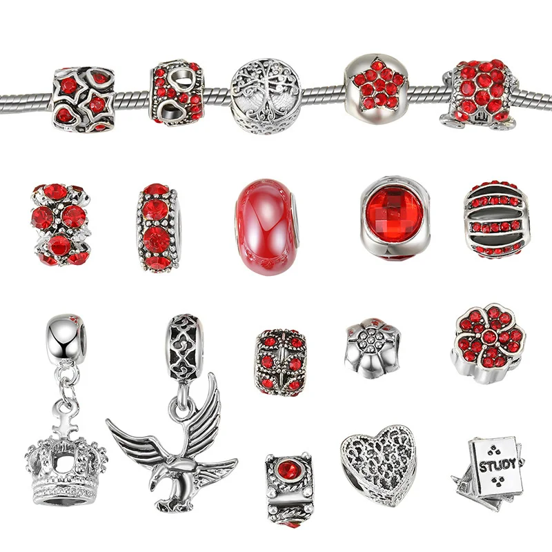 18Pcs Lot Antique Silver Large Hole European Beads Rhinestone Charms Beads Fit DIY Pandora Bracelet Women Girls Jewelry Gift