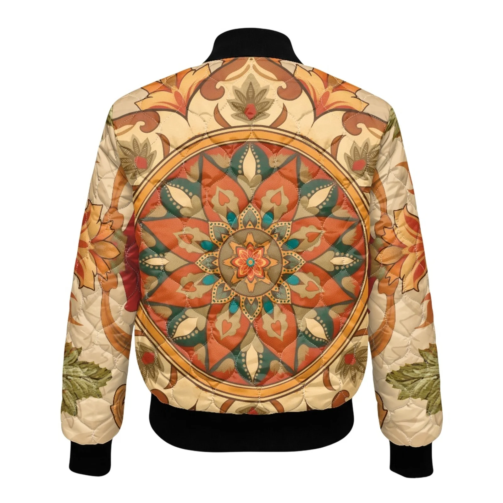 PENSTROLL Mandala Floral Womens Fall Winter Lightweight Padded Bomber Coat Water-Resistant Long Sleeve Coat for Vacation
