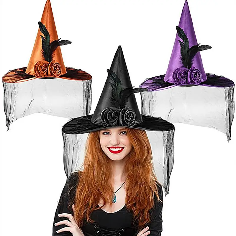 Witch Hat Halloween Witch Hat Cosplay Hats Halloween Hat Wizard Hat with Half Veil Feather Rose Wide Brim Hat Party Hats Pointed