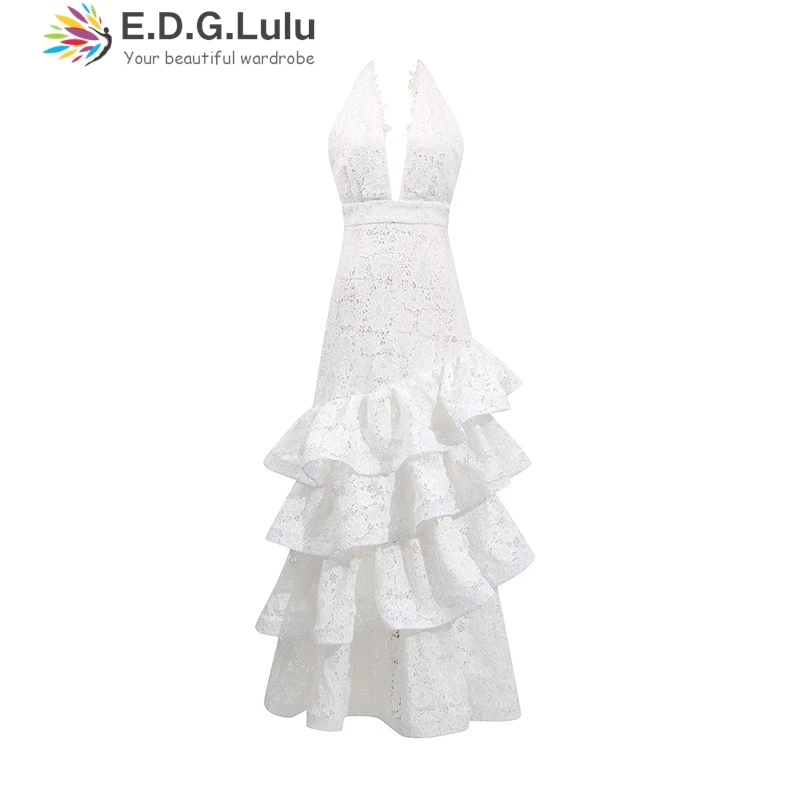 Edglulu oco bordado renda em camadas folha de lótus borda luxo vestido de aniversário mulher com decote em v sem costas festa longo vestido de noite 1013