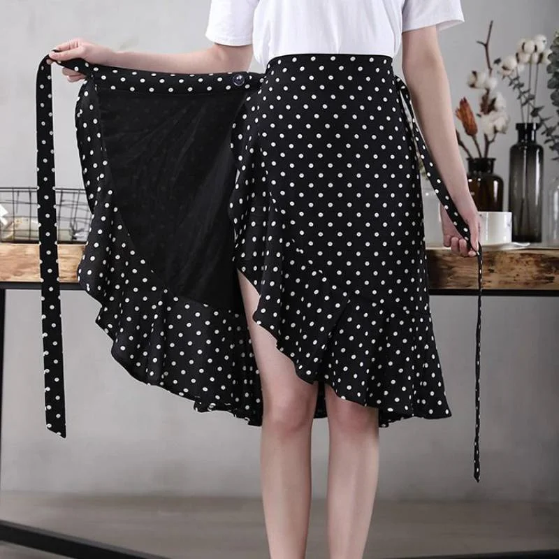 

Elegant Ruffles Bandage Polka Dot Printed Mermaid Skirt 2022 Spring New Korean Fashion High Waist All-match Chiffon Midi Skirt