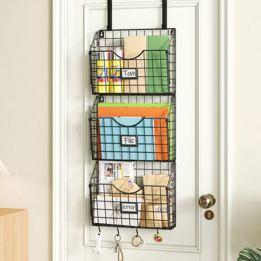 

3Tier Hanging Wall Files Rack with Door Hooks and 6pcs S Shape Hooks, Over the Door File Organizer ampMounts on Wall Metal Folde