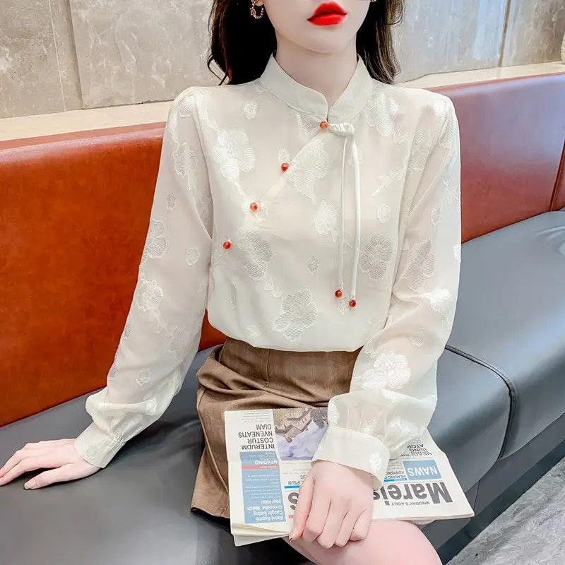Elegant Chiffon Shirt Women's Fashionable New Chinese Style Button up Top Beautiful Spring 2024 Stand Collar Traditional Costume