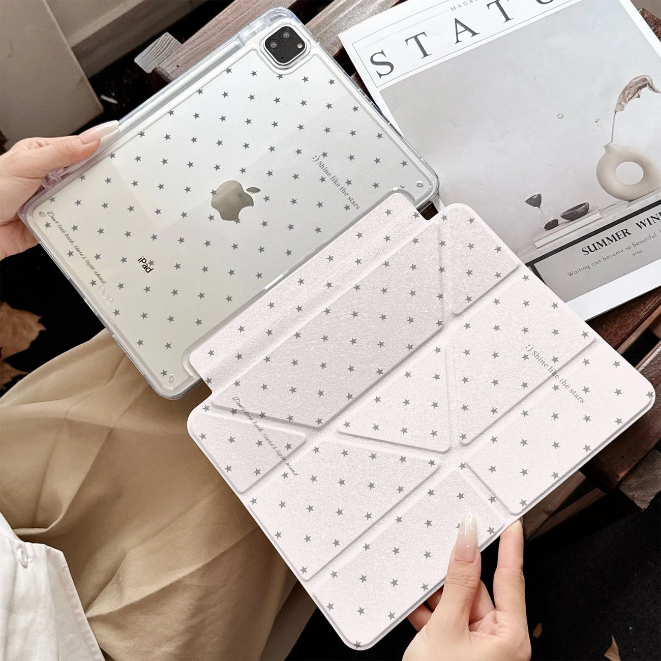 Simple Pink Star Girl Y2K Y-Fold Tablet Case For iPad Pro 11 12.9 13 A16 M2 M4 M3 M5 5/6/7/8/9/10/11th Mini Air 3 4 5 6 7 Cover