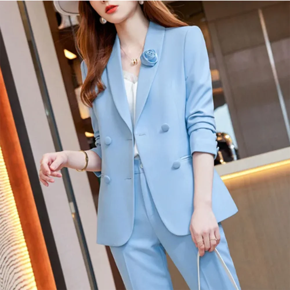 

Fashion Women's Blue Sky Wedding Suit Bridal Pantsuit Jacket High Waist Palazzo Pants Cocktail Graduation Elegant Slim Fit 2024