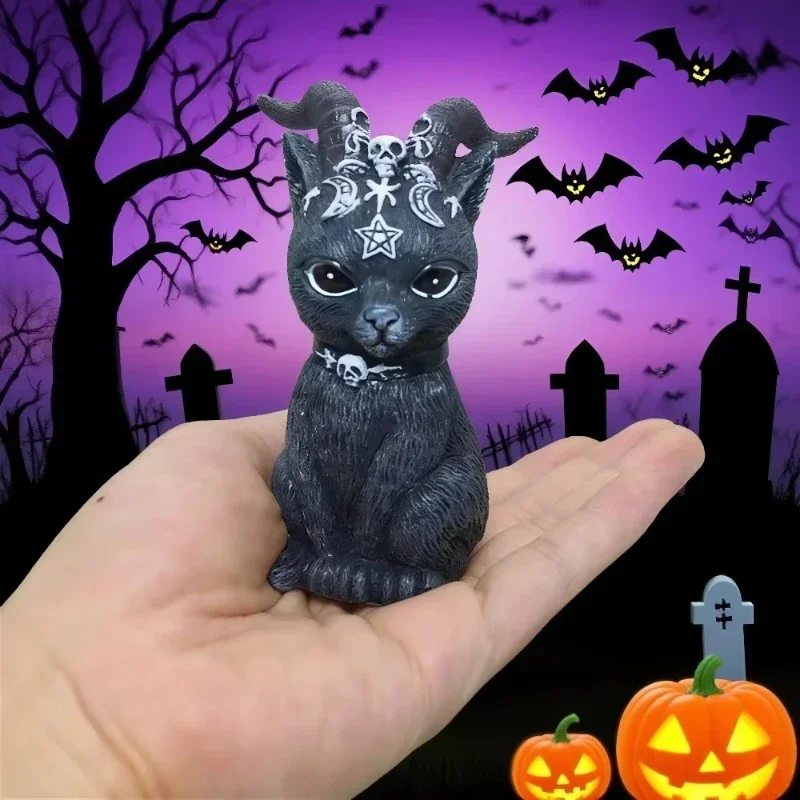 Schwarze Katzenstatue, geheimnisvolle süße Katze, Hexenkatze, Figur, Hexendekoration, Schreibtischornament, handbemalte Skulptur für Halloween, 1 Stück