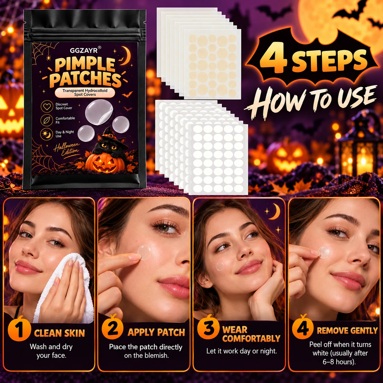 608PCS Halloween Edition Pimple Patch Stickers, Transparent Hydrocolloid Spot Cover Set, Cute Beauty Accessories for Party Seaso - view 3