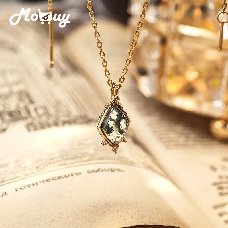 

MOBUY Natural Moss Agate Gemstone Pendant Necklace For Women Exqusite 925 Sterling Silver Gold Vermeil Party Fine Jewelry Gift
