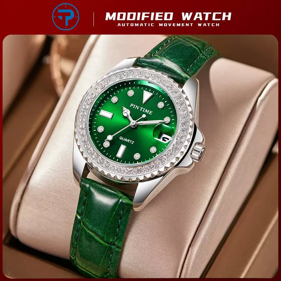 

Модные женские часы с люминесцентными кристаллами, кварцевые, с зеленым кожаным ремешком, водонепроницаемость 30 м, функция даты, доступная цена