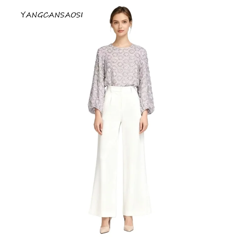 

Women's Fashion Early Autumn New Four-leaf Clover Round Neck Lantern Long Sleeve 30% Natural Mulberry Silk Silver Gray T-shirt