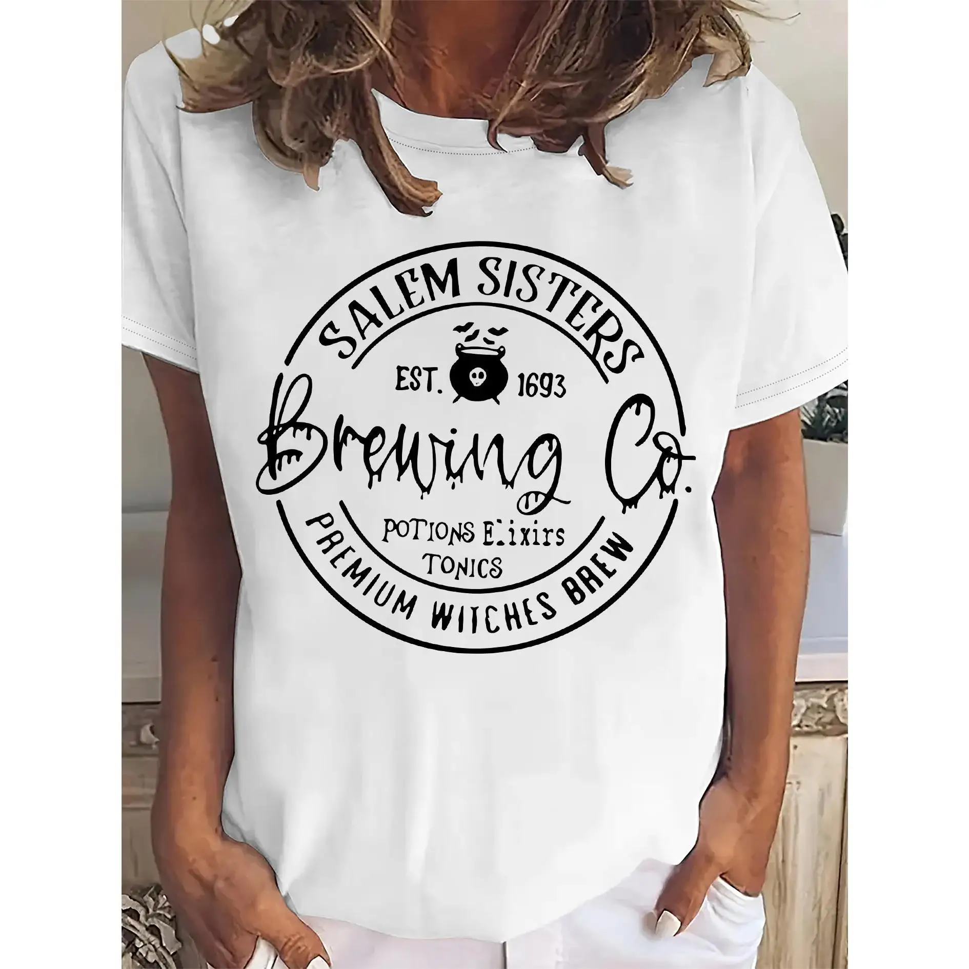 

Halloween Salem Sisters Brewing Co. T-Shirt for Women,Vintage Witches Brew Graphic Tee,Funny Witchy Casual Top,Autumn Streetwear