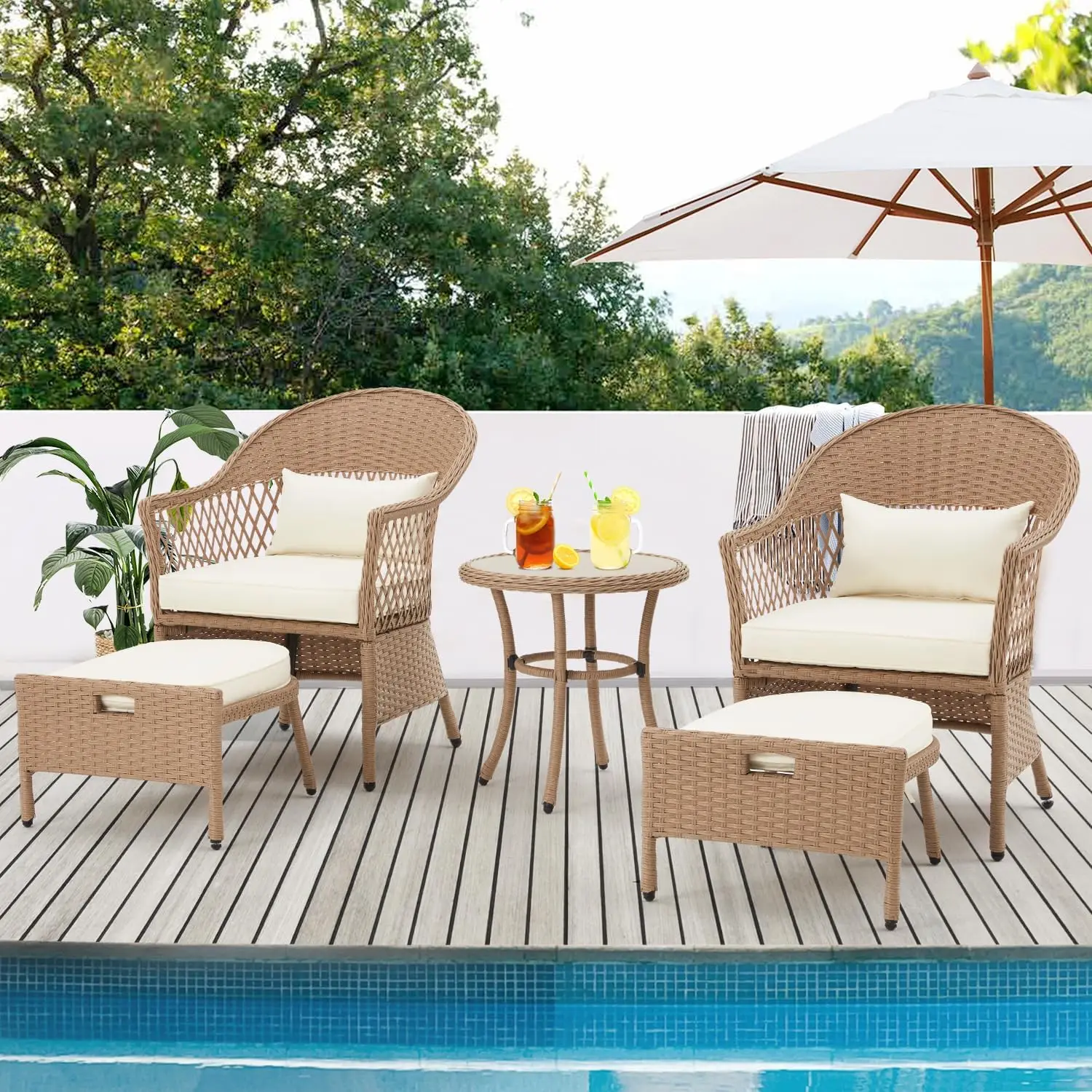 Gartenmöbel set, Rattan-Gesprächs sets mit/Couch tisch aus gehärtetem Glas und weichen Kissen, Terrassen stühle mit Hockern