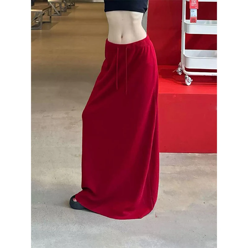 MEXZT Vintage Red Knitted Long Skirt Women Streetwear High Waist Maxi Skirts Autumn Winter Ladies Korean Design A Line Faldas