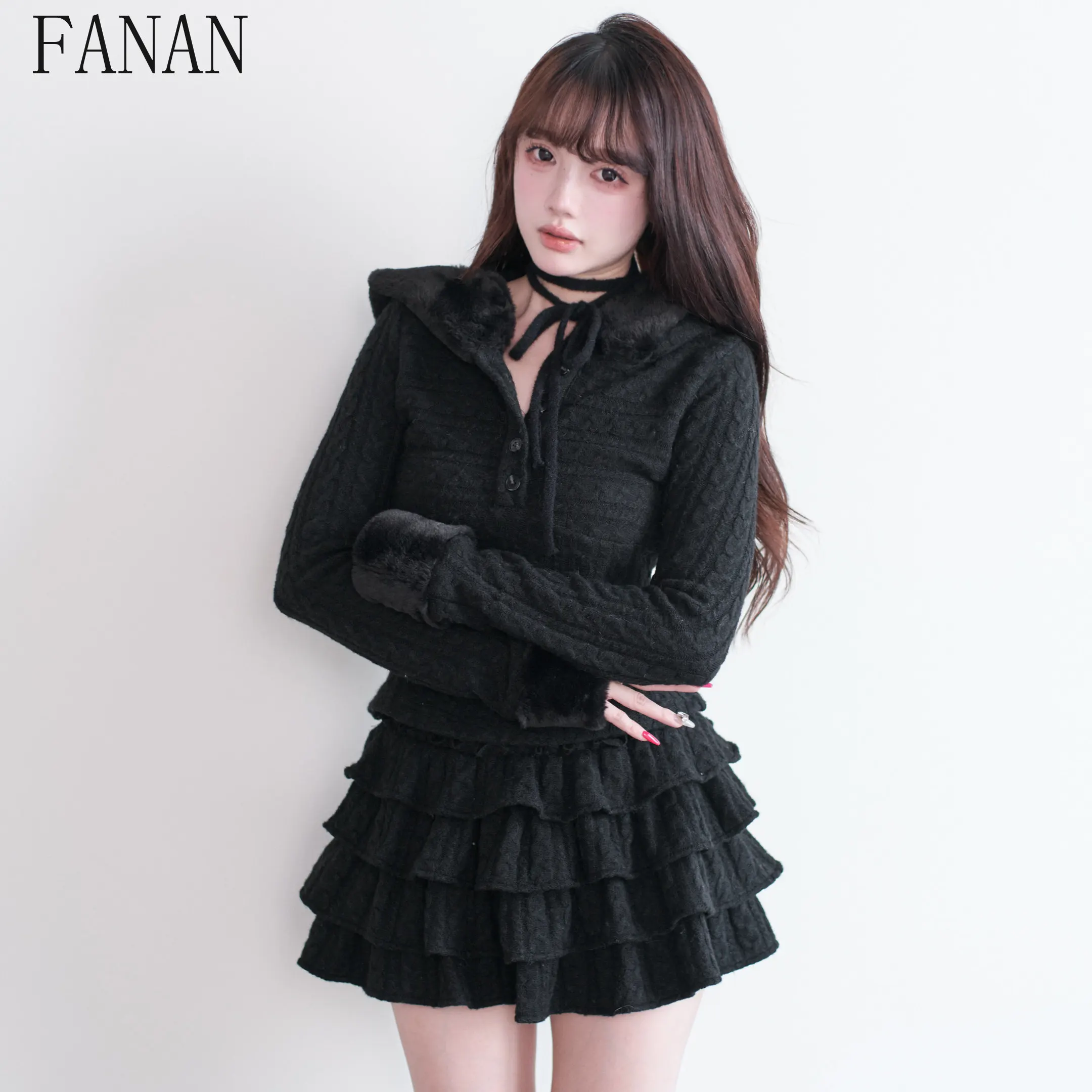 

Вязаный топ с длинными рукавами и повседневная юбка, костюм в японском стиле, оригинальный дизайн, женские комплекты из двух предметов, весна-осень