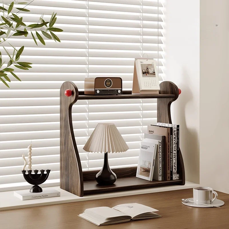 Dark Walnut Wood Desktop Organizer, Multi-Tier Display Shelf for Cosmetics & Coffee Cups, Japanese-Style Tea Storage Cabinet