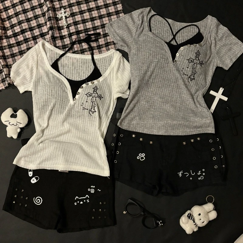 

Fashion Sweet Cool Print Knitted T-shirts Summer Slim Fit Top for Women 2025 New Short Sleeve All-match White Tee Shirt