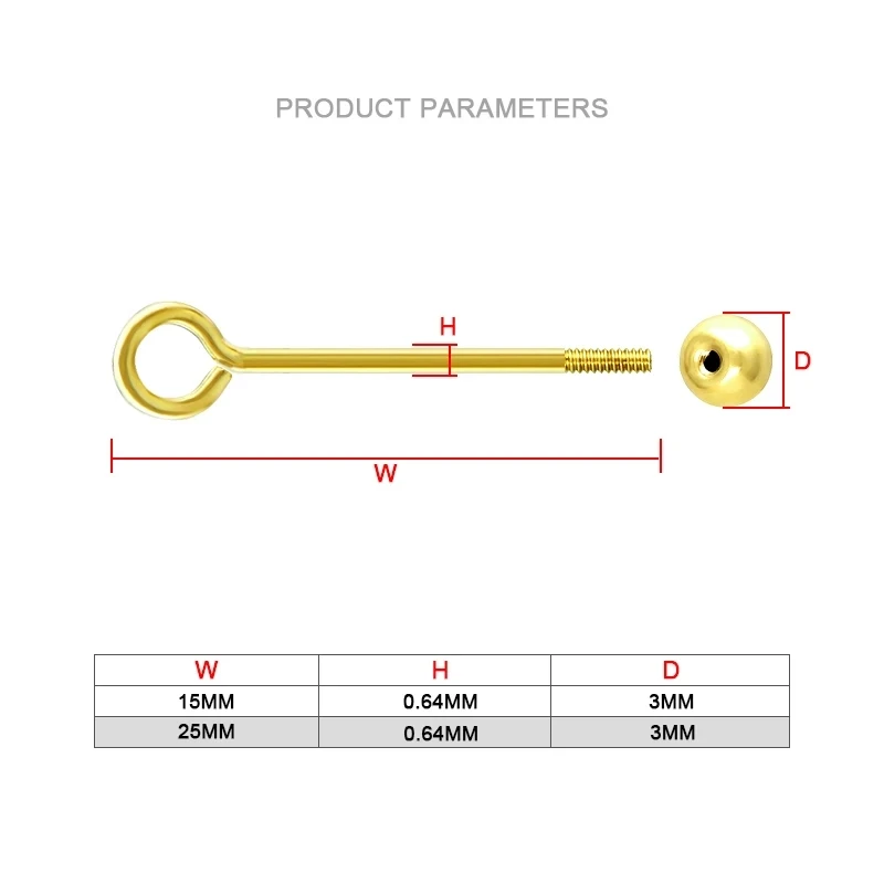 14K Gold Filled Threaded Ball Eyepins Gold Filled Screw Eyepins 3mm Bead Eye Pins Wire Size 22 gauge(0.64mm) Length 15mm 25mm