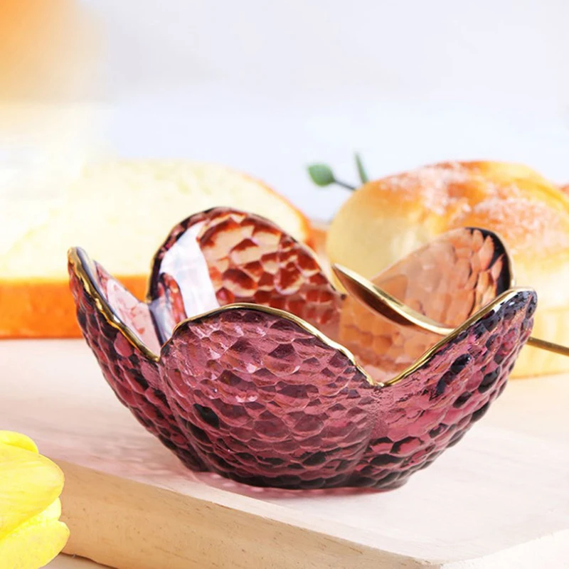 New Small Glass Dish Nodic For Ice Cream Fruit Sala Gold Inlay Sauce Bowl Cherry Blossoms Seasoning Plate Kitchen Supplies