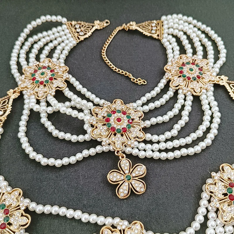 Arabian Wedding Jewelry Set Bridal Crown Imitation Pearl Necklace Gold Plated Metal Flower Breast Jewelry Muslim Women Gifts