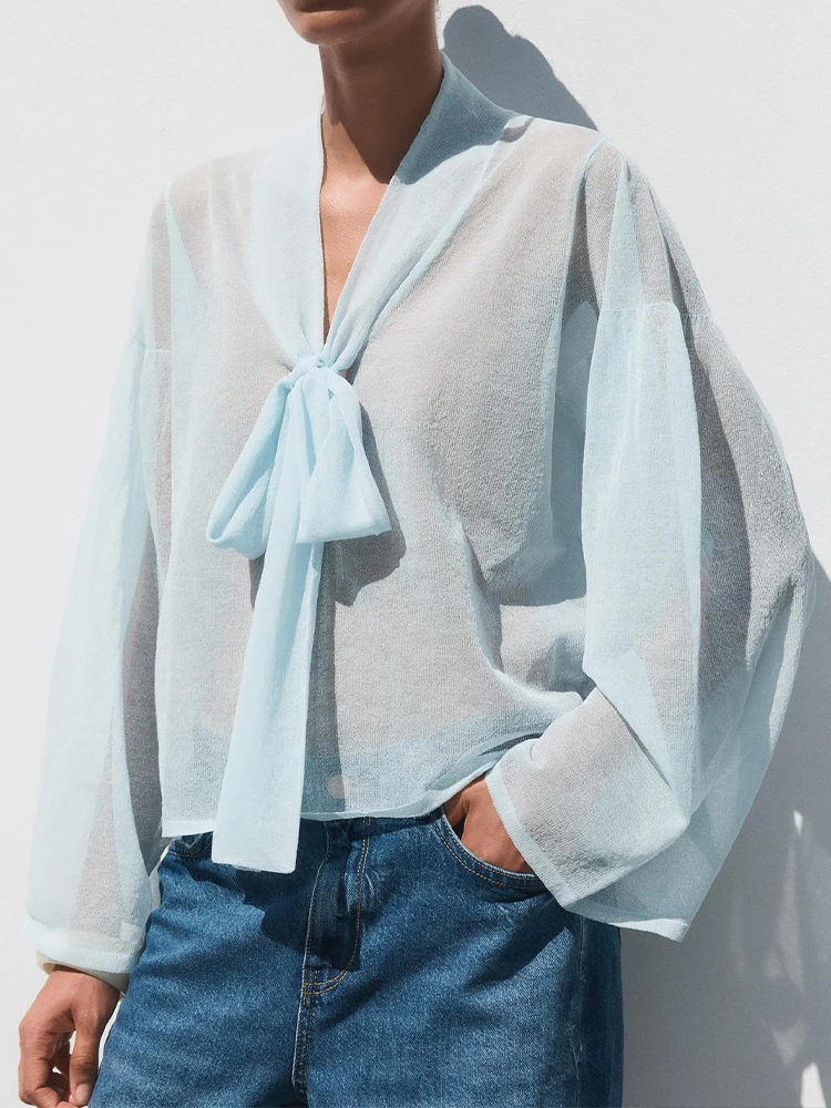 

European and American style women's summer new French casual bow-decorated V-neck long-sleeved knitted short shirt