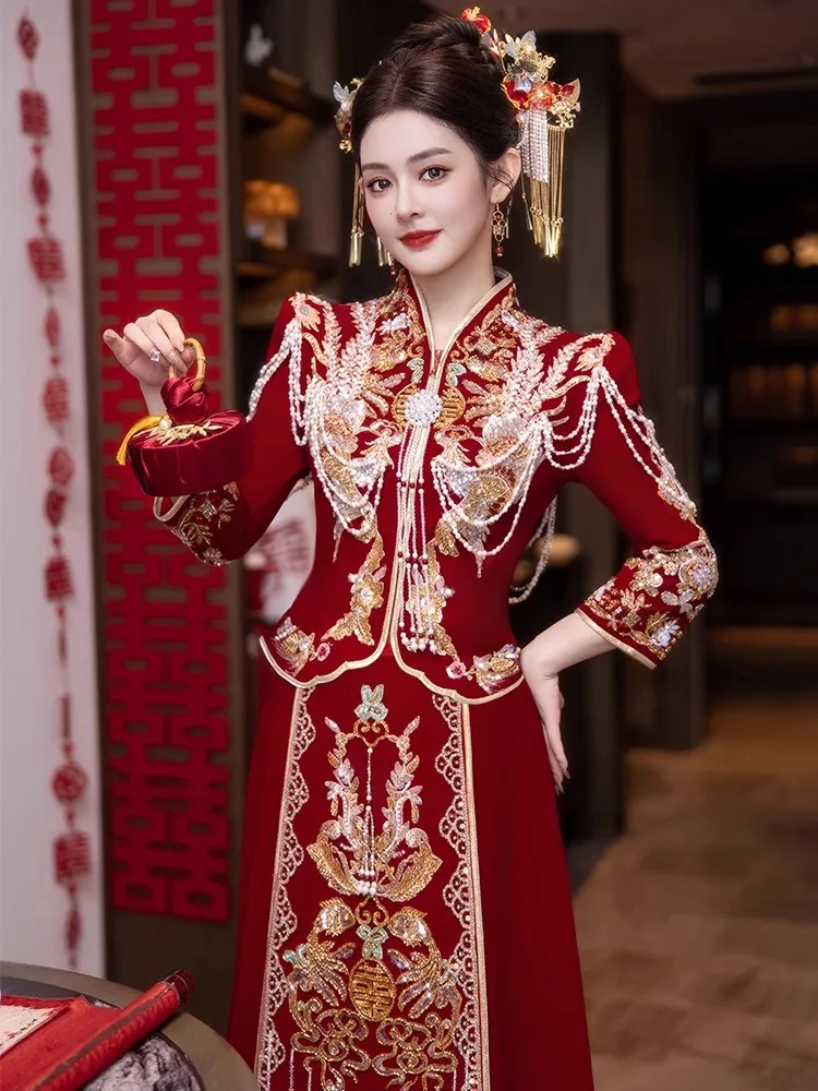 

Новое свадебное платье 2026 года в китайском стиле для невесты, элитное, изысканное, для торжественного бракосочетания