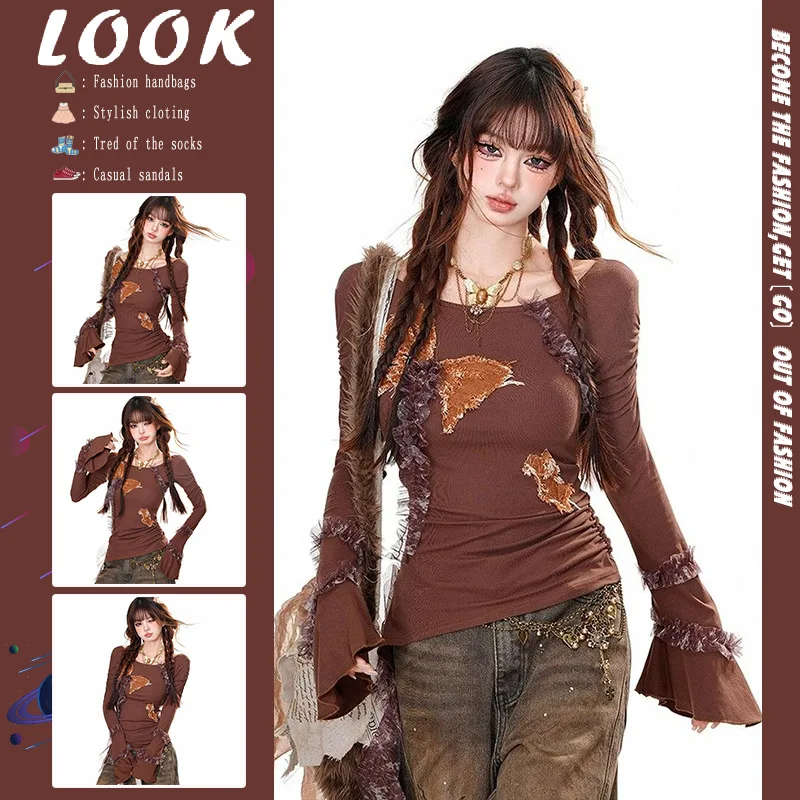 

American Style Pure Desire Spicy Girl Butterfly Patch Fabric Long Sleeved T-Shirt for Women Slim Fit Irregular Design Sense Top
