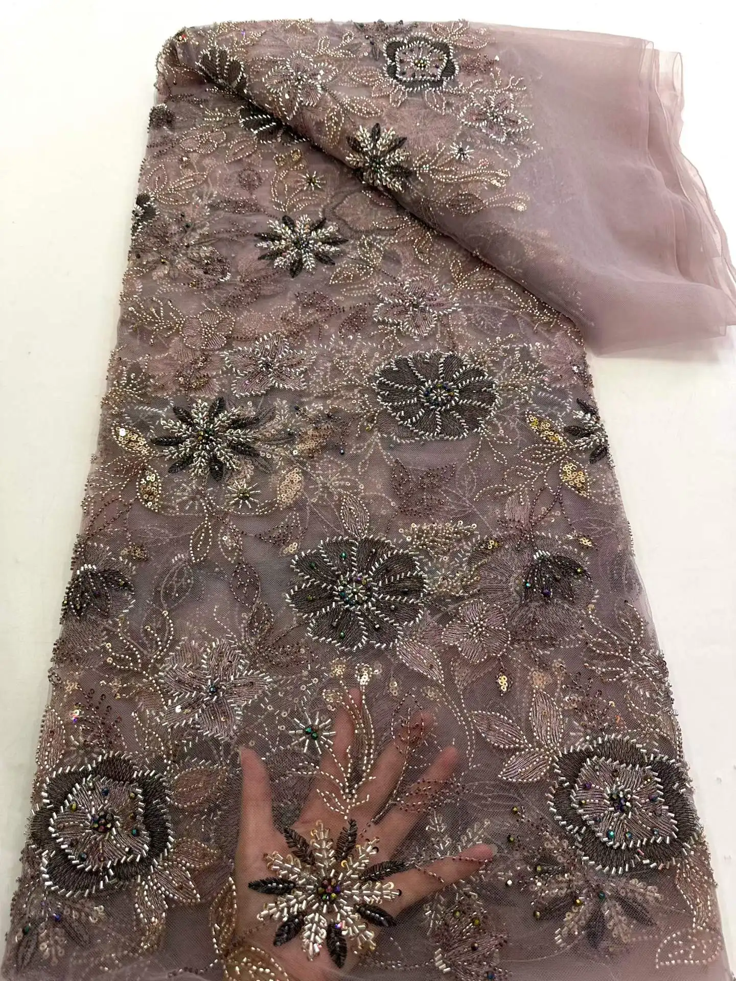 

2026 High Quality French Heavy Beads Lace Embroidery 5Yards African Mesh Sequins Lace Fabric Nigerian For Dress
