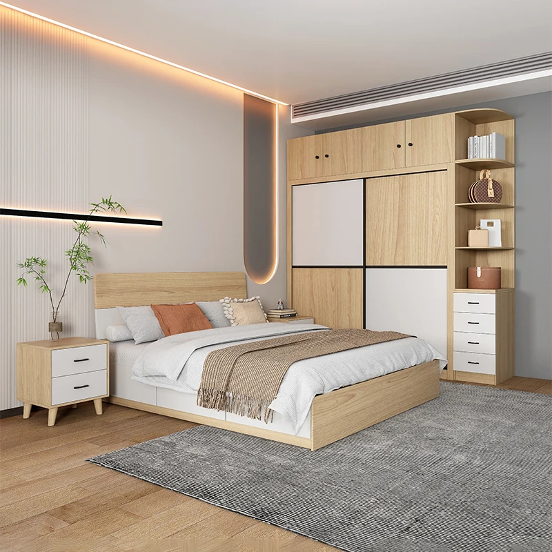 

!@Wooden Double Leather King Size Bed Ensemble De Meubles De Chambre a Coucher Modern Luxury Full Bedroom Furniture Set