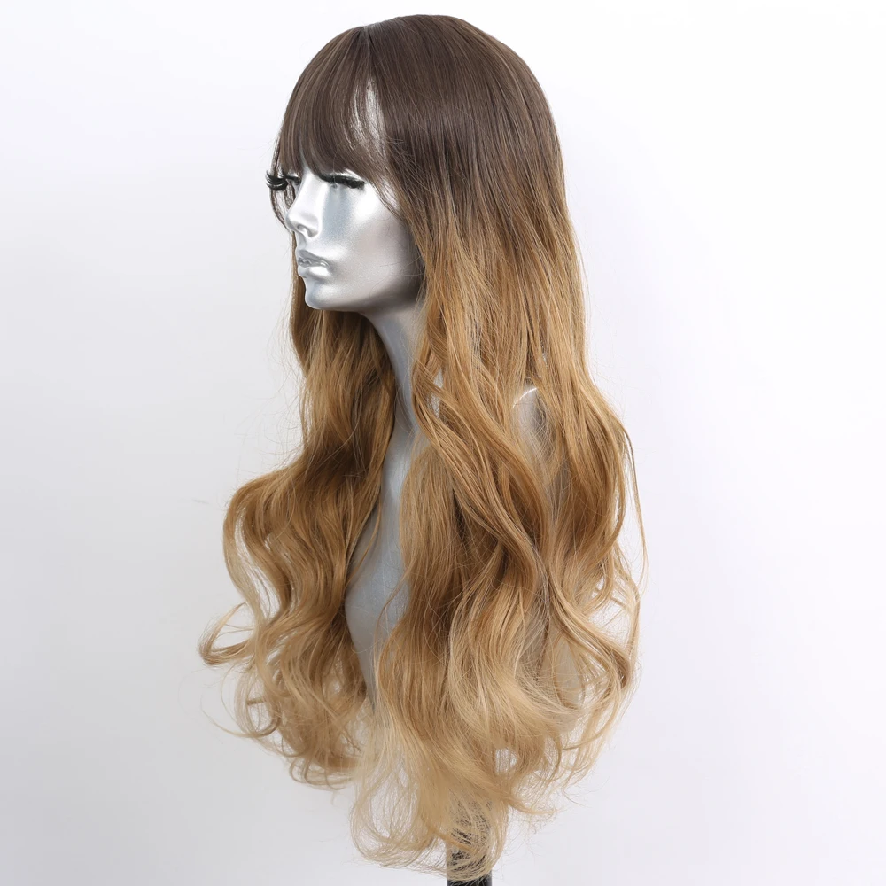 Sivir Synthetic Long Wavy  Wigs for Women Khaki Gradient Color With Bangs Heat Resistant Fiber Full Mechanism Wig Cosplay/Daily