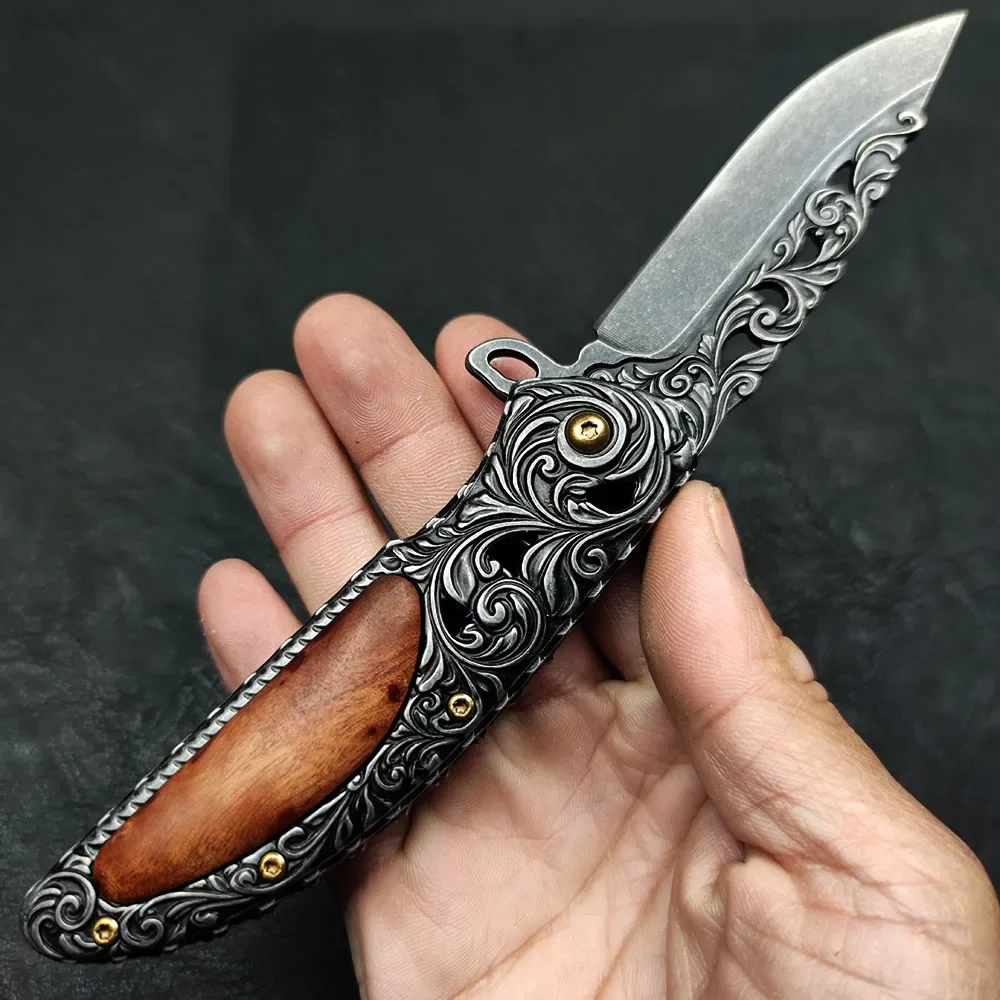 Self-defensed Survival Pocket Tools Heavy Duty Gift High Hardness Fold Blade Knife, Engraved Pocket Knife , Stone wash