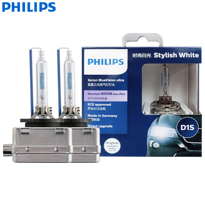 Philips BlueVision Ultra D1S Xenon Car Head Light 6000K Blue White Effect 35W Xenon HID Lamps Germany Genuine ECE 85415BVU, 2x