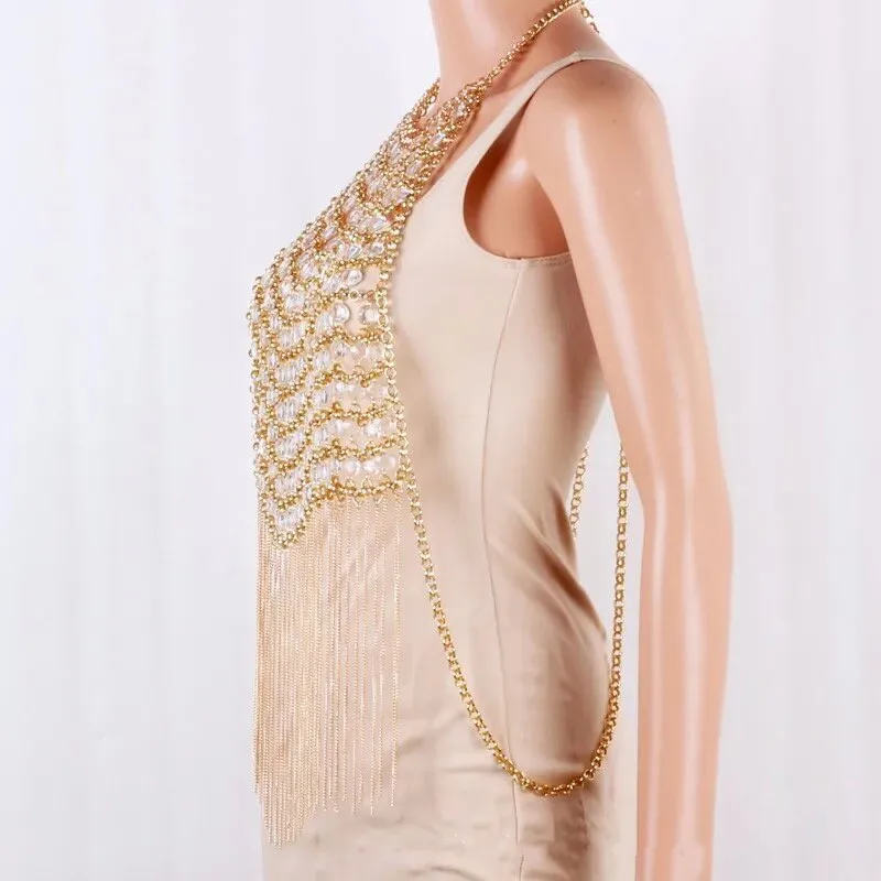 สร้อยคอแฟชั่นผู้หญิงแบบหลายชั้นประดับลูกปัดหนักสำหรับงานแต่งงาน พร้อมพู่ห้อยและสายคล้องไหล่ในตัว