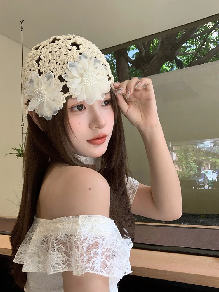 Handmade Floral Fashionable Women's Overhead Cap Hollow out Design Versatile Japanese Style Small Bag Head Hat Spring Summer