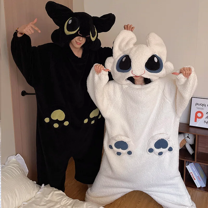 cartoon-toothless-plush-pajamas-ins-korean-toothless-hooded-integrated-home-clothes-kawaii-anime-home-couple-flannel-hoodie-set