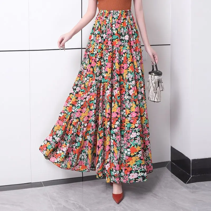 Spring Summer Sweet Floral Printed Maxi Long Chiffon Skirts Elastic Waist Flowers A-line Cakee Pleated Ankle Long Boho Skirts