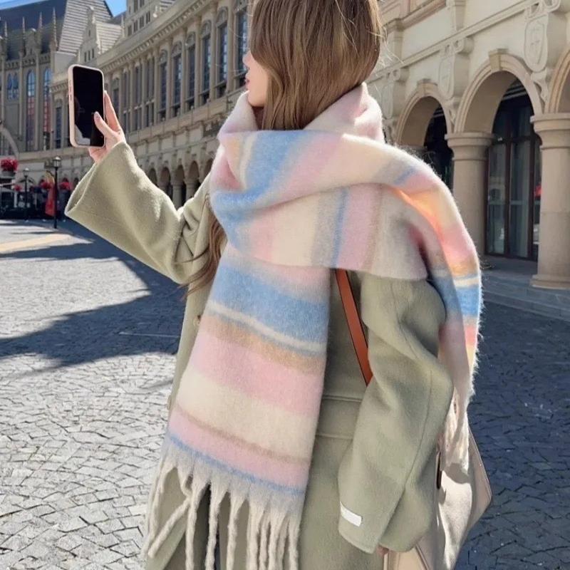 2026 Winter Thick Warm Scarf Women's Imitation Cashmere Shawl Pashmina Scarf Women's Rainbow Plush Color blocked New Style