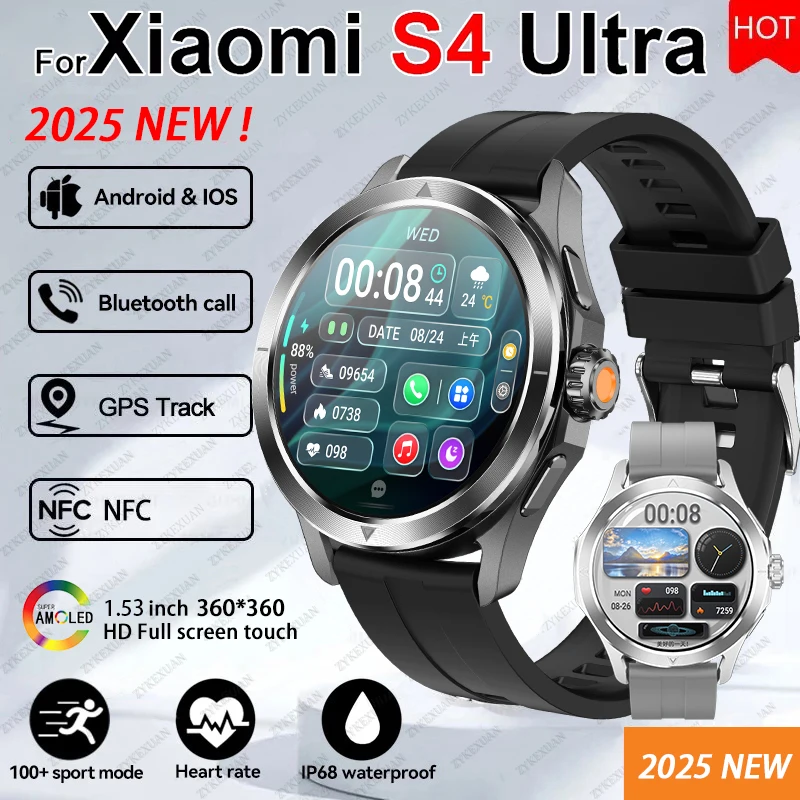 New For Xiaomi S4 Ultra Smart Watch Men AMOLED Outdoor Sports NFC GPS Compass Heart rate Waterproof Bluetooth Call Smartwatches