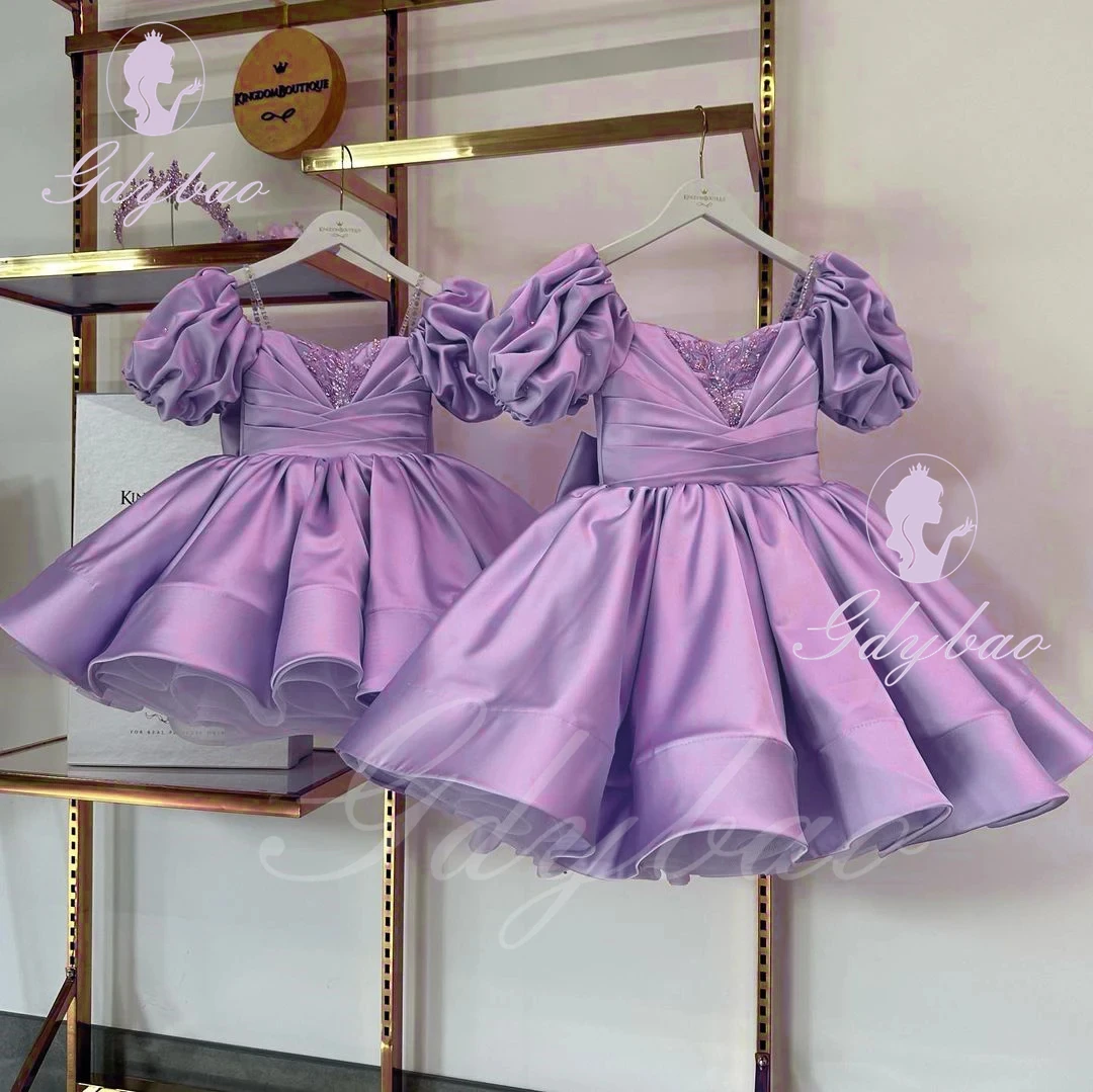 Vestido de niña de flores hinchadas con cuentas para boda, apliques hasta la rodilla con lazo, vestidos de fiesta de cumpleaños para niños, vestidos de baile de princesa, 2024