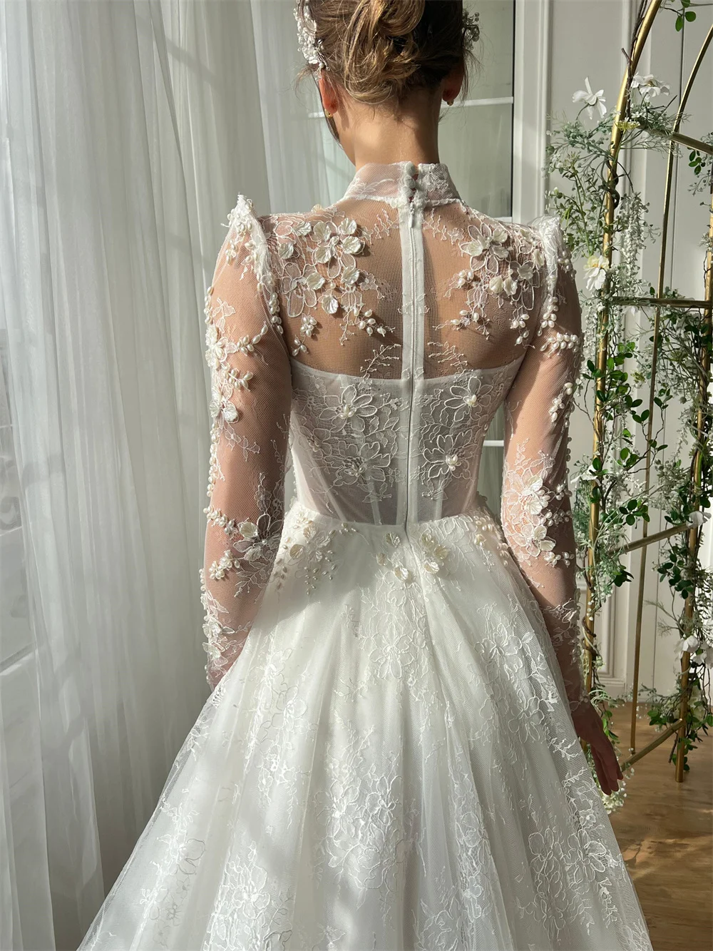 Amanda Customized Appliques Pearl Cut-out Ball Gown Prom Dresses Floor-Length vestidos de noche Mesh Long Sleeves Formal Evening