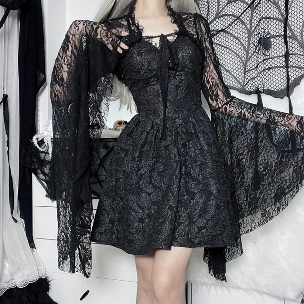 Elegant Lace Cardigan Elegant Vintage Gothic Black Lace T-shirt with Flared Sleeves See Through Design Women's Streetwear for A