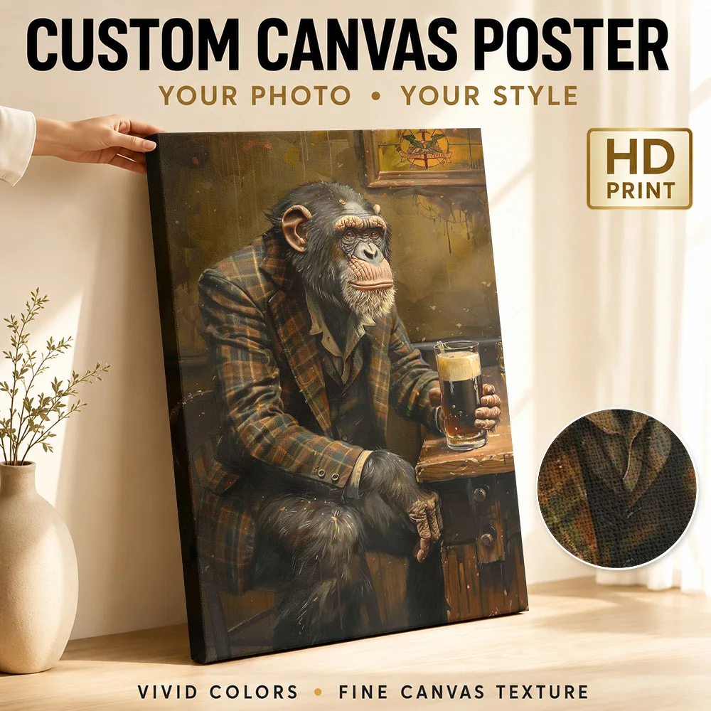 Chimpanzee Irish Pub Beer Wood Framed Canvas Poster Customized Photo Culinary Illustration Wall Art For Home Bar Birthday Gift