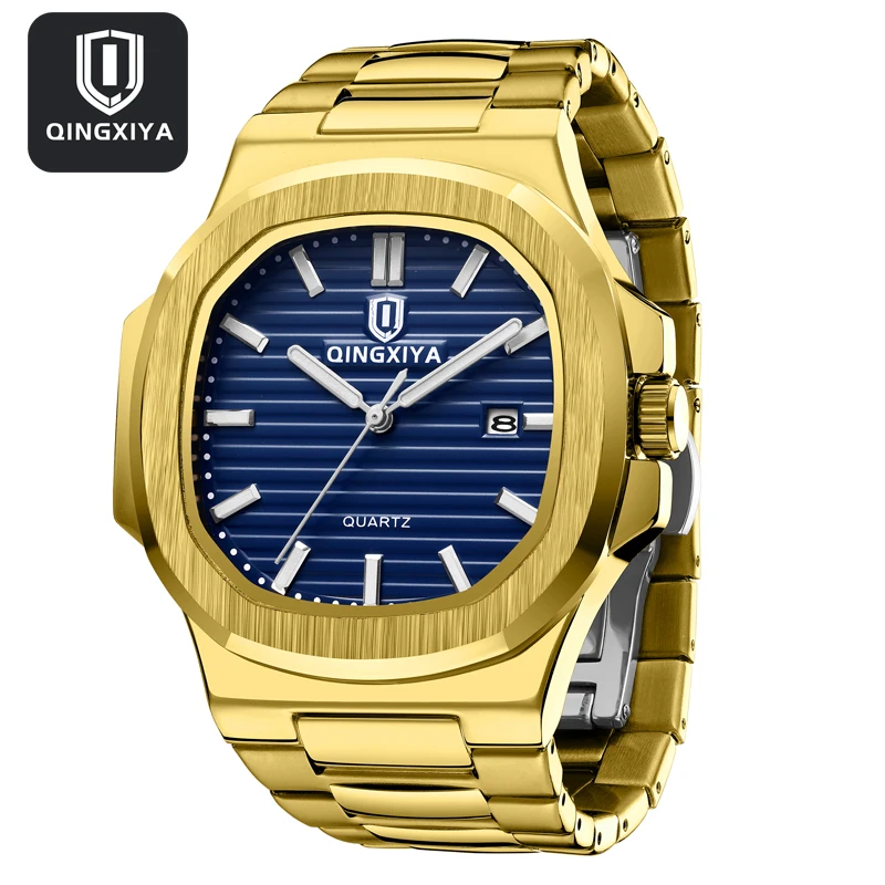 

QINGXIYA Brand Fashion Blue Quartz Watch for Men Luxury Gold Stainless Steel Strap Waterproof Luminous Calendar Mens Watches