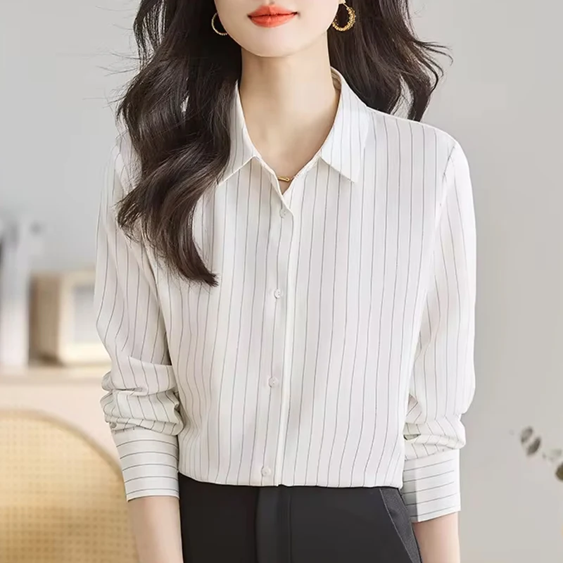 مكتب سيدة طويلة الأكمام رفض طوق المرأة قميص أبيض مخطط الشيفون قميص بلوزة المرأة بلايز Blusas Para Mujer Blusa G845 #1